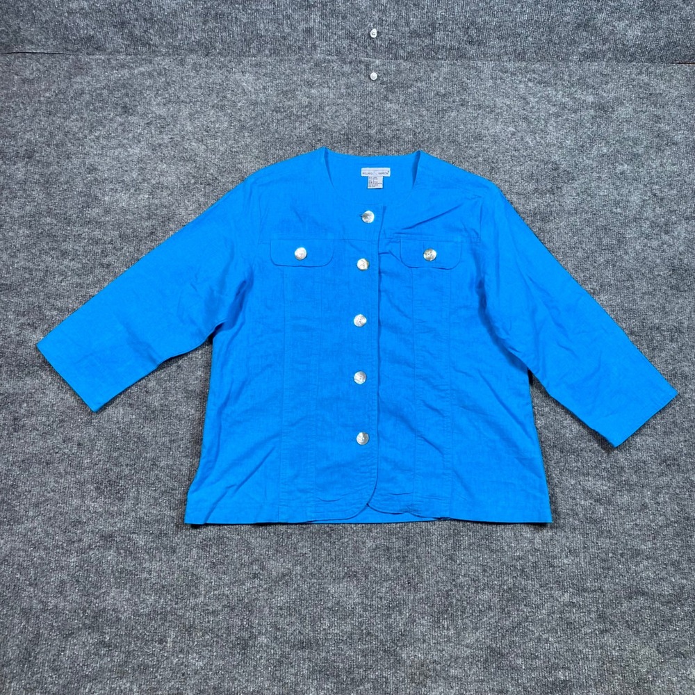Hillard & Hanson Womens Linen Rayon Blue Button‎ Front Jacket 3/4 Sleeve Size L